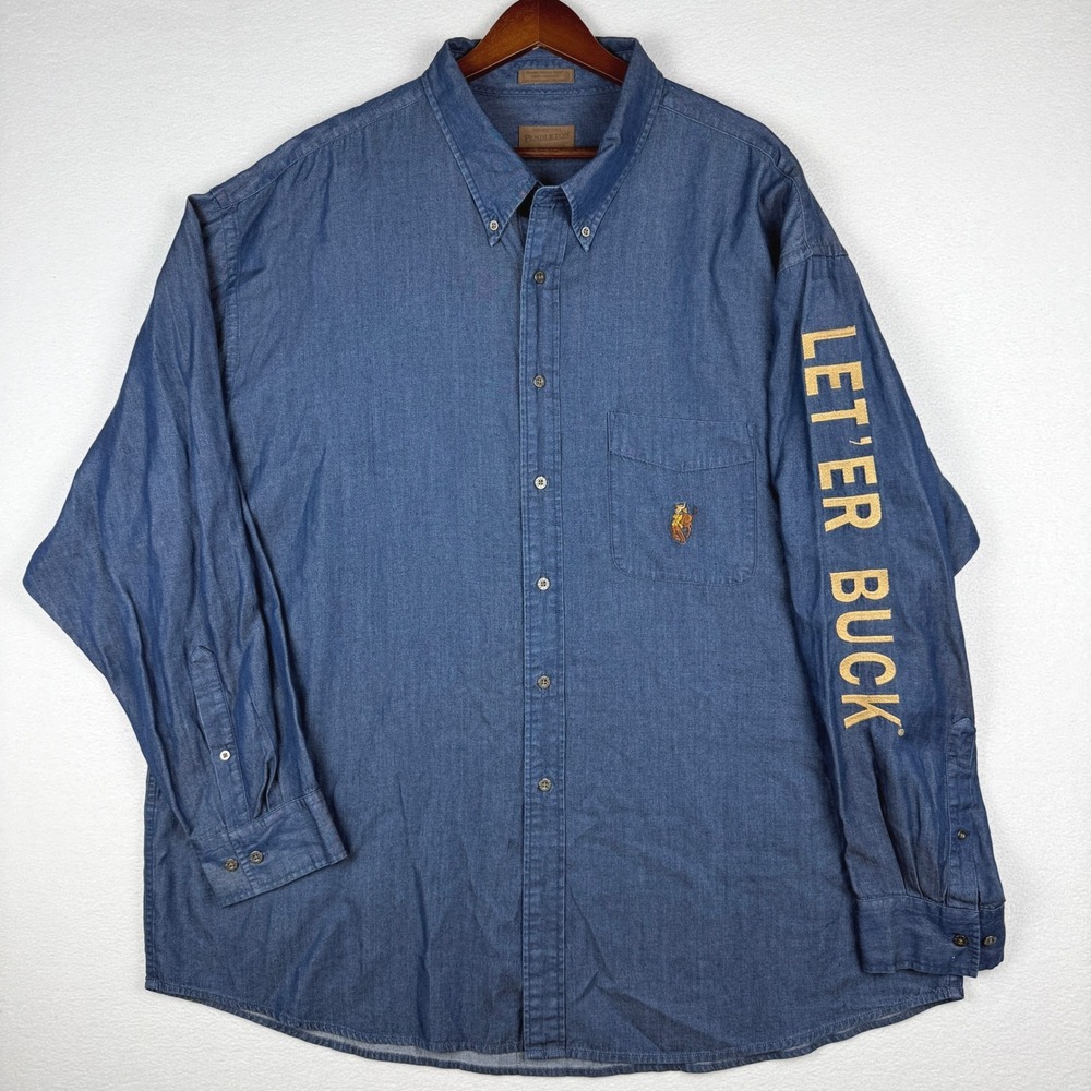 Pendleton Rodeo Denim Shirt Mens 3XL Blue Let'er Buck Embroidered Button Down